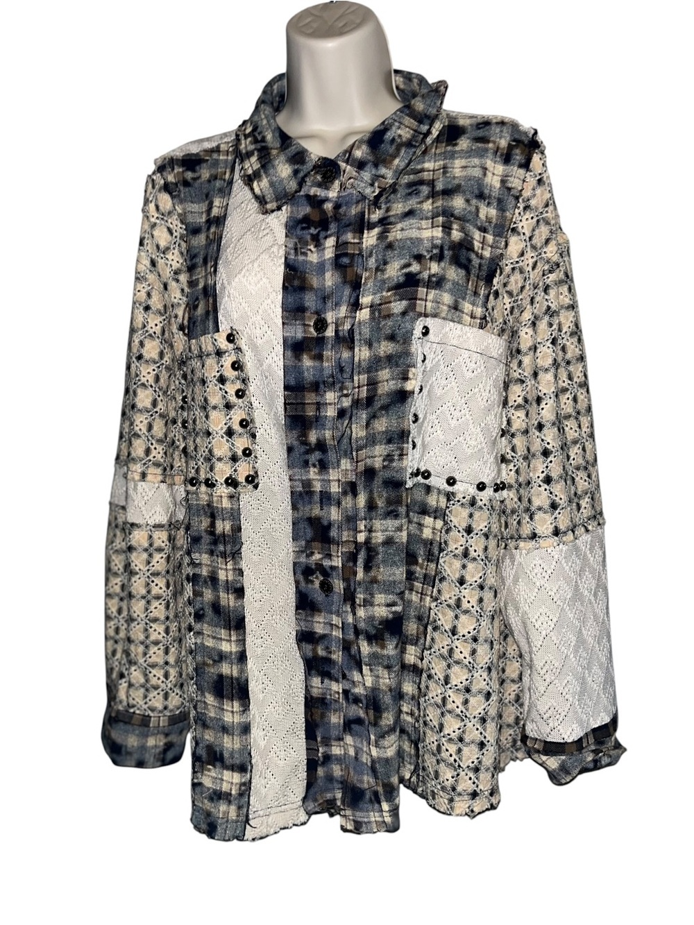 🌸POL L  Blue and Cream Patchwork Plaid Button-Down Shirt P003 - Picture 3 of 7